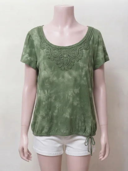 Olive Green Tie-Dye Top with Crochet Neckline for Women  