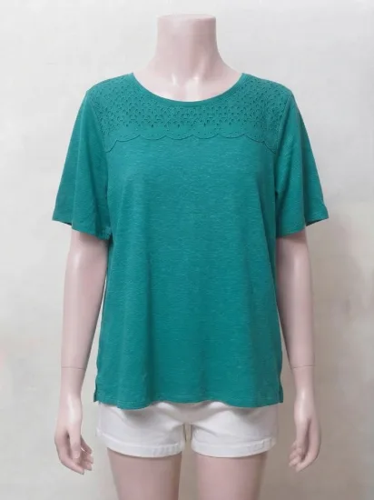 Teal Green Eyelet Yoke T-Shirt for Women 