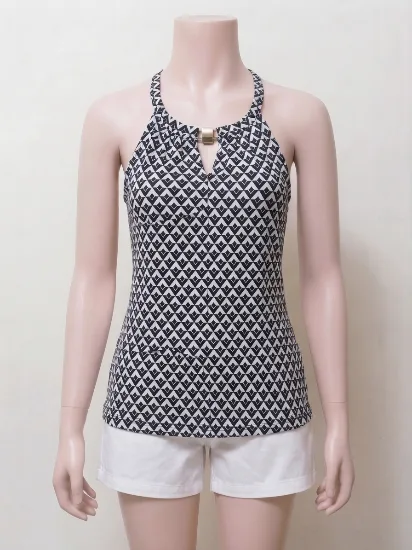 Black and White Geometric Halter Neck Blouse