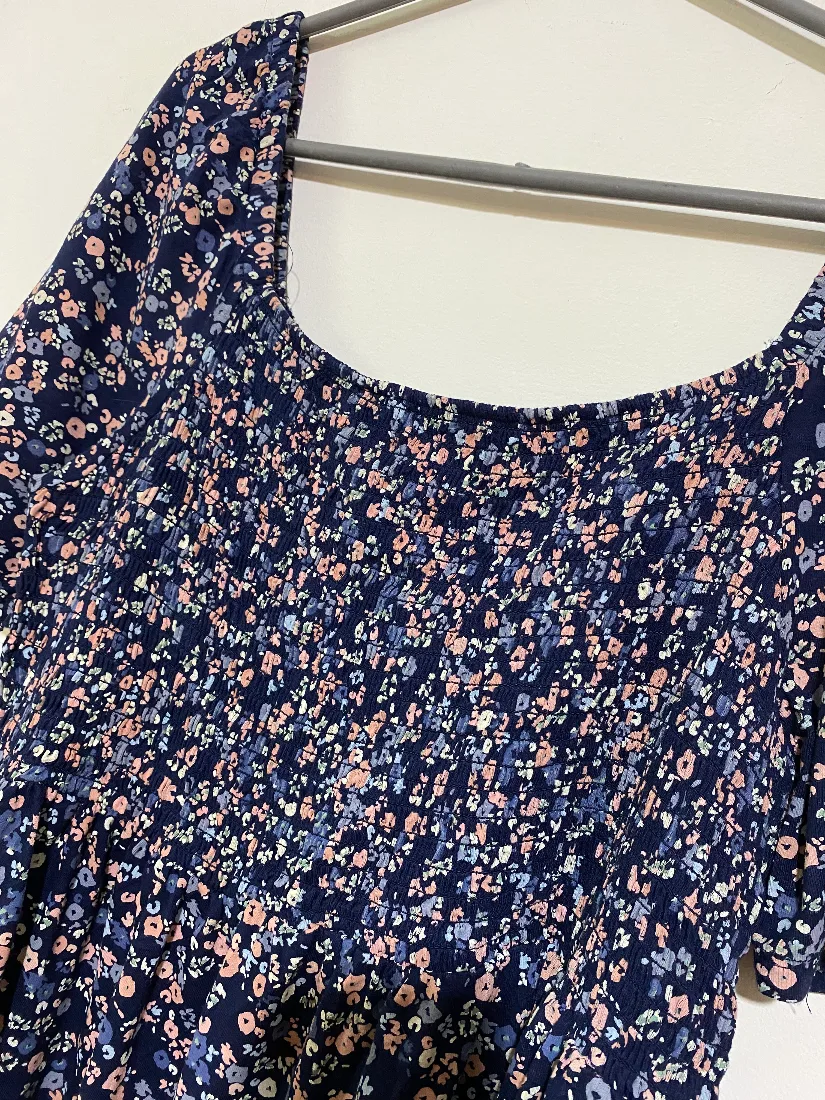 Navy Blue Floral Smocked Square-Neck Top — photo 3 of 3