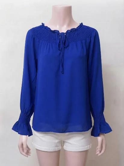 Royal Blue Smocked Neck Ruffle-Cuff Long-Sleeve Georgette Top