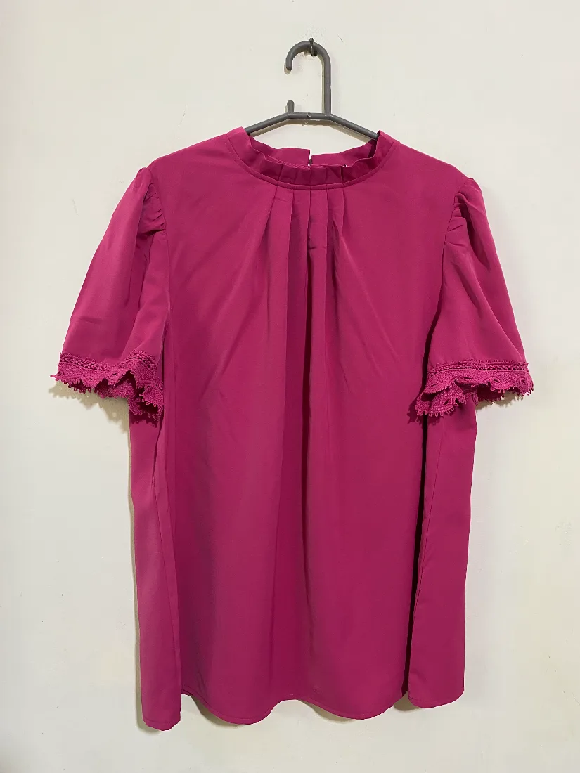 Magenta Pleated Neck Lace-Trim Blouse — photo 2 of 2