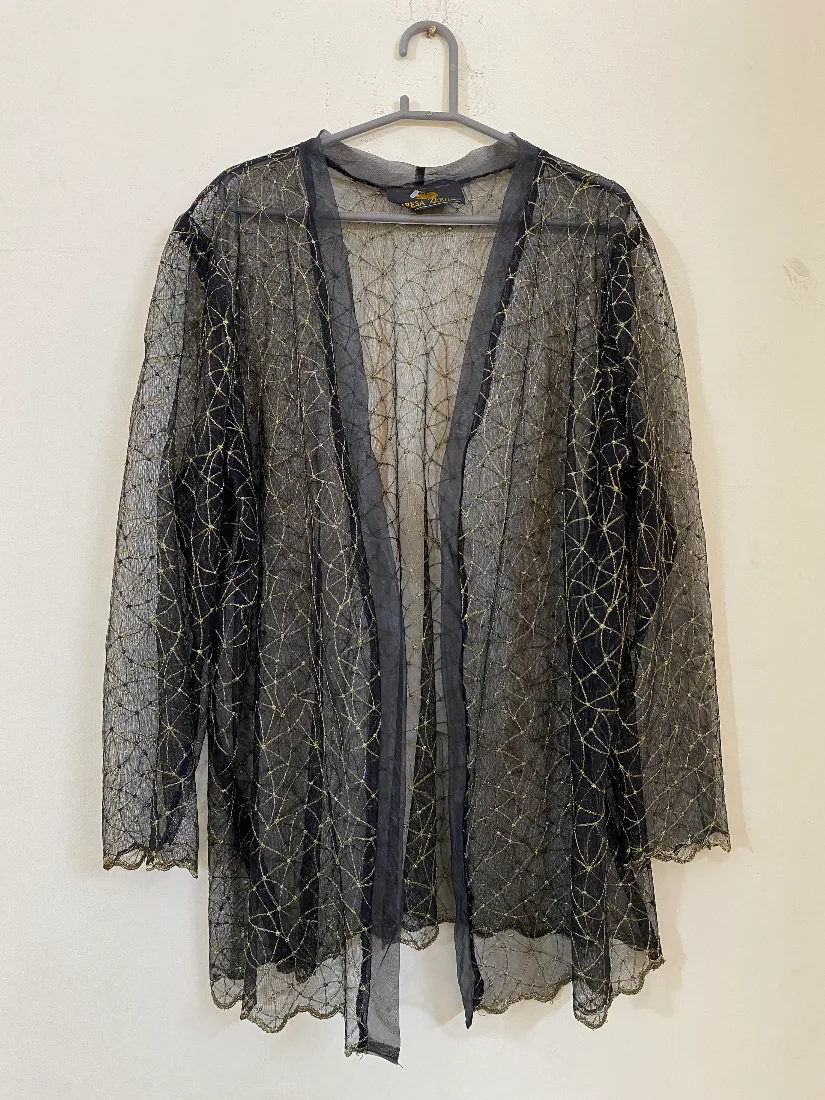 Black and Gold Sheer Metallic Net Open-Front Cardigan for Women — photo 2 of 2