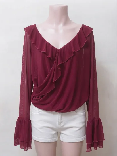 Maroon Ruffle Detail Soft Net Lined Top for Women 
