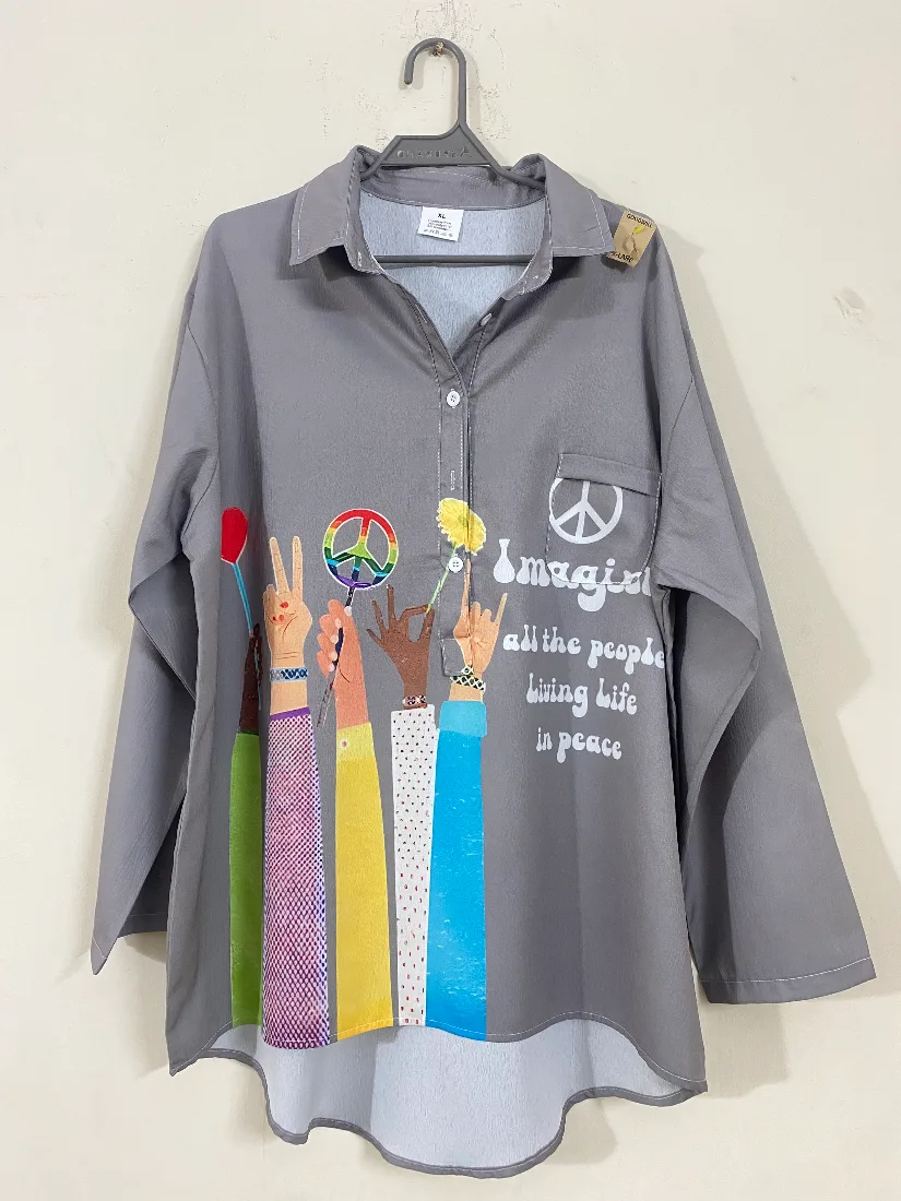 Grey Graphic Print Collared Button-Down Shirt for Women — photo 2 of 2