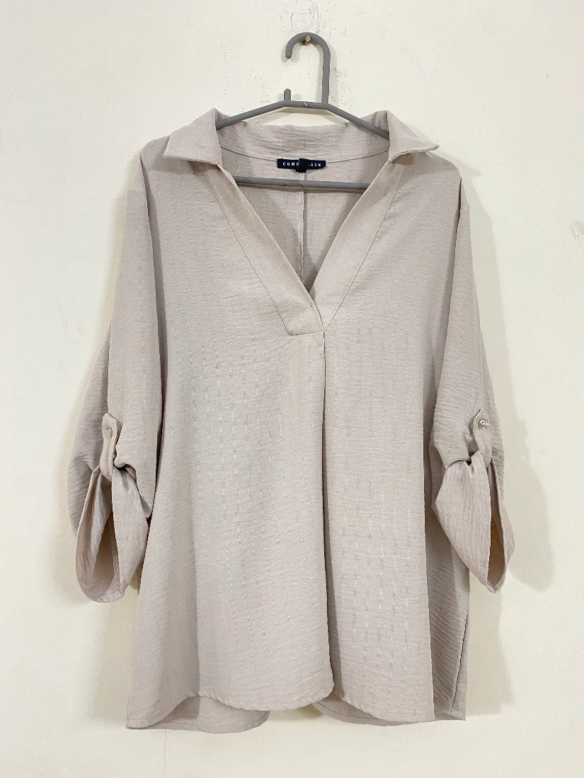 Beige Chiffon-Style Collared V-Neck Top for Women   — photo 2 of 2