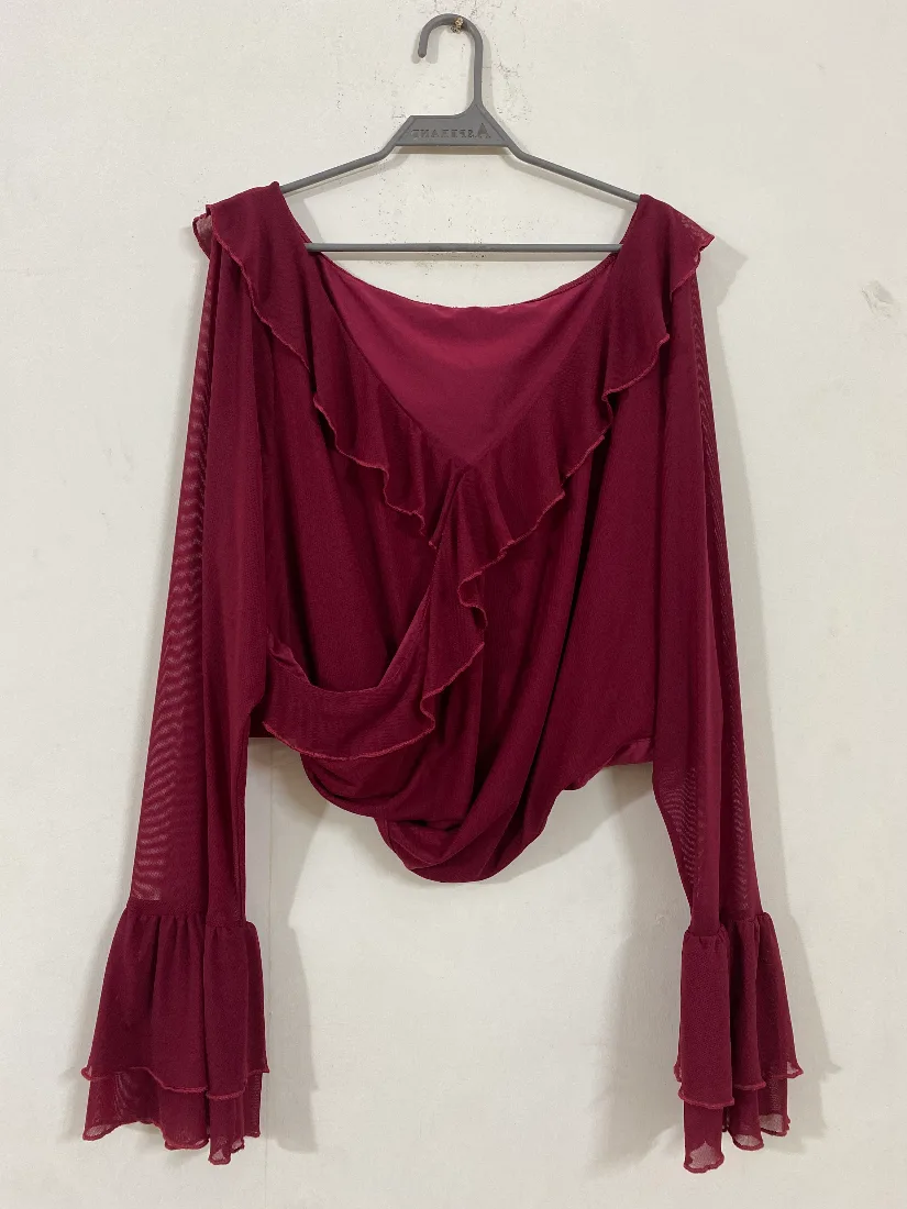 Maroon Ruffle Detail Soft Net Lined Top for Women  — photo 2 of 4