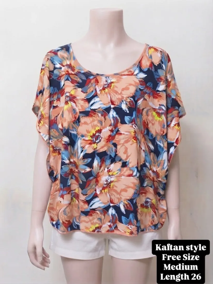 Peach & Navy Floral Kaftan Style Top