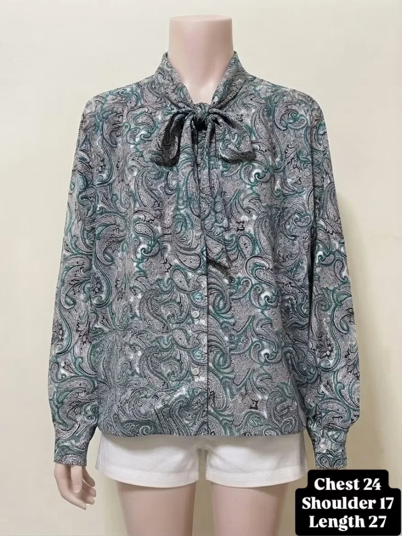 Green & Black Paisley Tie-Neck Blouse