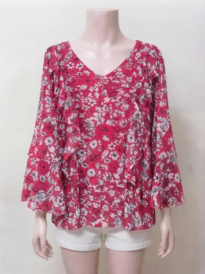 Pink Floral Print Ruffle Detail Lined Top for Women