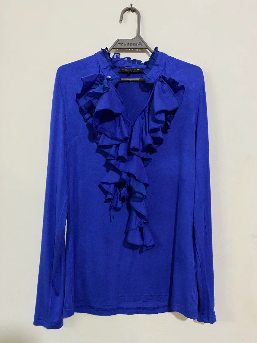 Royal Blue Ruffled Front Long-Sleeve Top — photo 2 of 2
