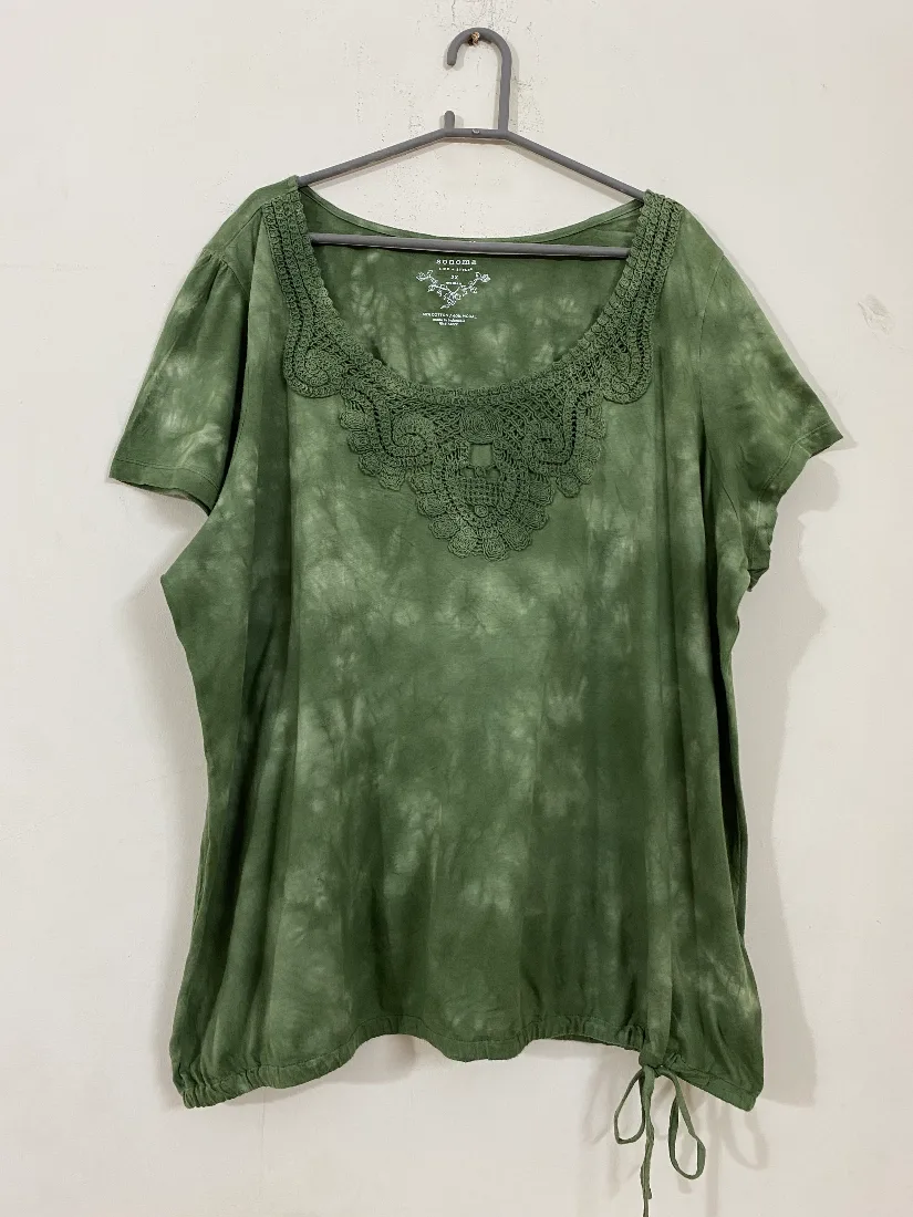 Olive Green Tie-Dye Top with Crochet Neckline for Women   — photo 2 of 2