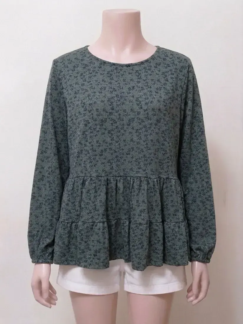 Sage Green Floral Tiered Peplum Top