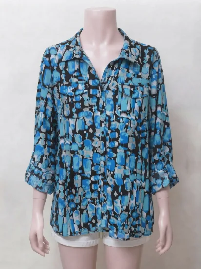Blue Abstract Print Soft Chiffon Button-Down Shirt 