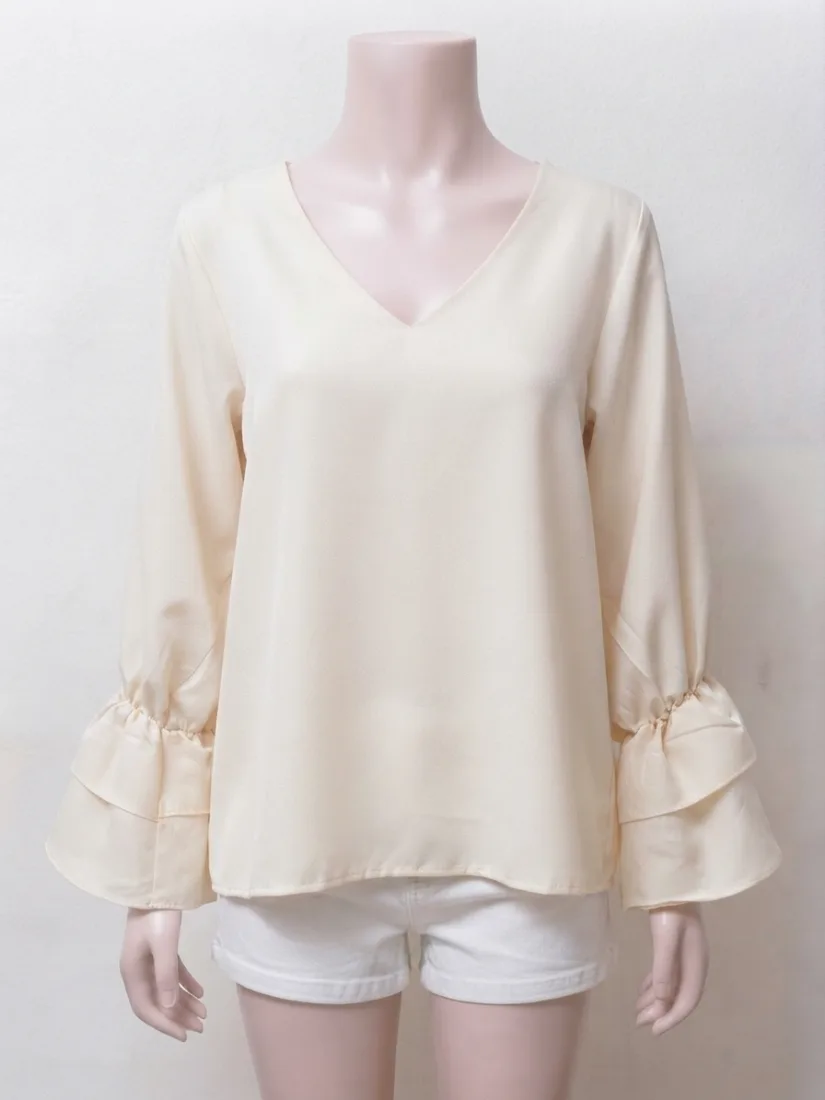 Elegant Cream V-Neck Layered Ruffle-Cuff Top — photo 1 of 2