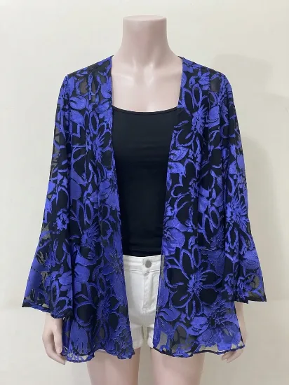 Stylish Blue and Black Floral Burn-Out Velvet Open-Front Cardigan for Women