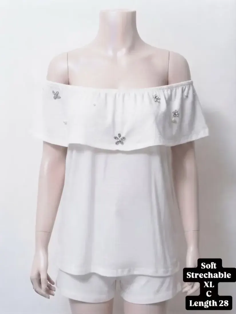 Pearl & Rhinestone Off-Shoulder Top