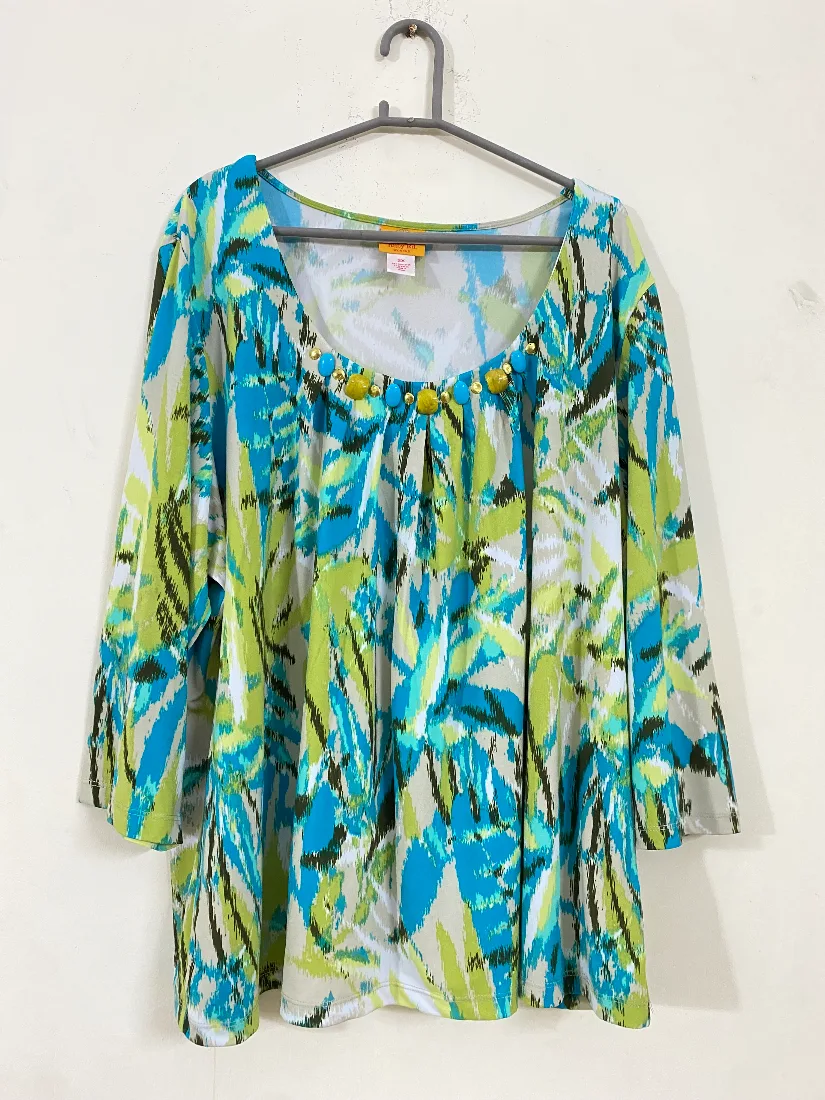 Blue and Green Abstract Print Top with Beaded Neck for Women   — photo 2 of 2