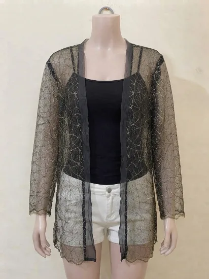 Black and Gold Sheer Metallic Net Open-Front Cardigan for Women
