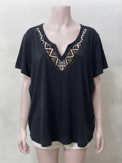 Navy Blue Embellished V-Neck T-Shirt for Women 