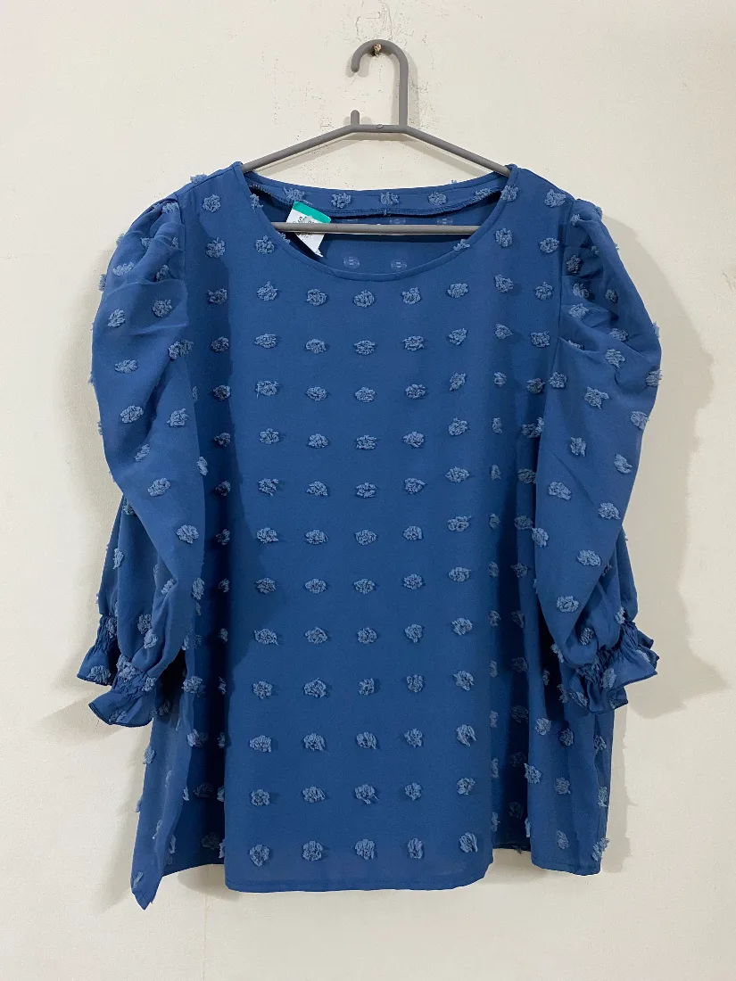 Dusty Blue Textured Dot Puff-Sleeve Chiffon Top — photo 2 of 2
