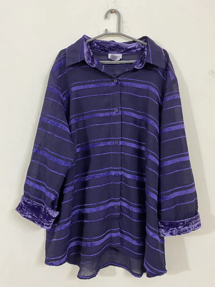 Purple Velvet-Striped Chiffon Button-Down Shirt    — photo 2 of 2