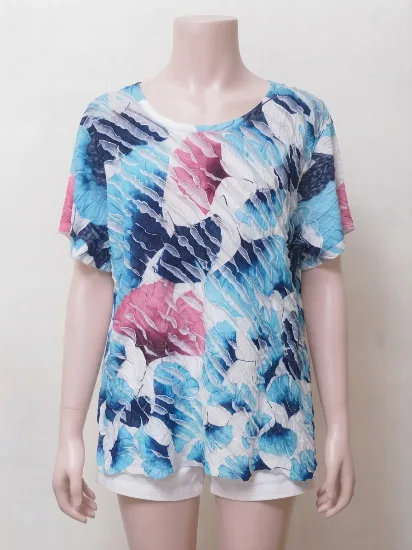 Blue and Pink Pleated-Texture Abstract Floral Top