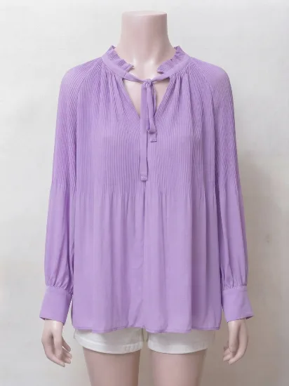 Stylish Purple Pleated Top with Tie Neckline for Women 