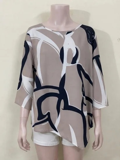 Stylish Beige and Black Abstract Print Chiffon Top for Women 