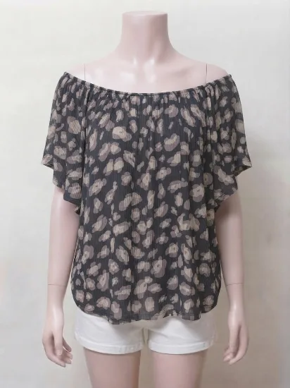 Grey and Beige Animal Print Off-Shoulder Top for Women