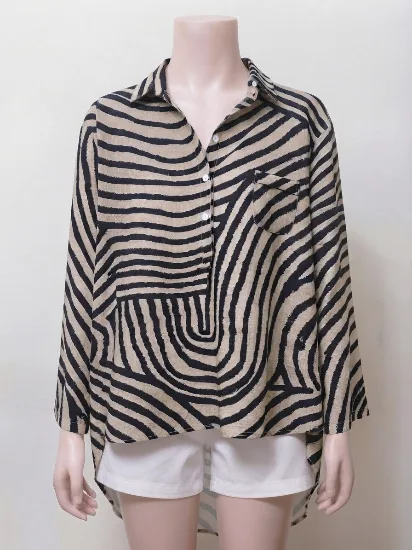 Beige and Black Abstract Striped Chiffon Shirt for Women