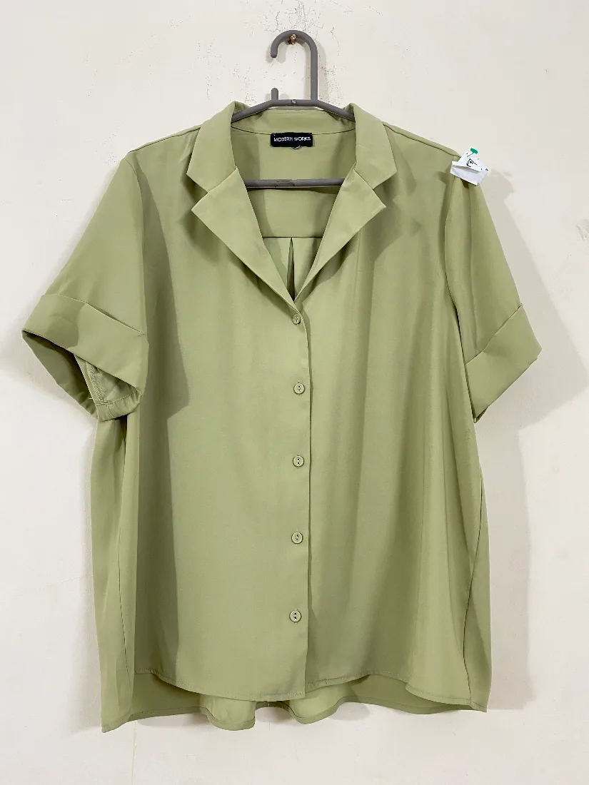 Sage Green Silk Chiffon Short-Sleeve Button-Down Shirt   — photo 2 of 2