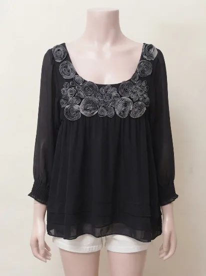 Elegant Black Top with 3D Floral Rosettes and Smocked Sleeves