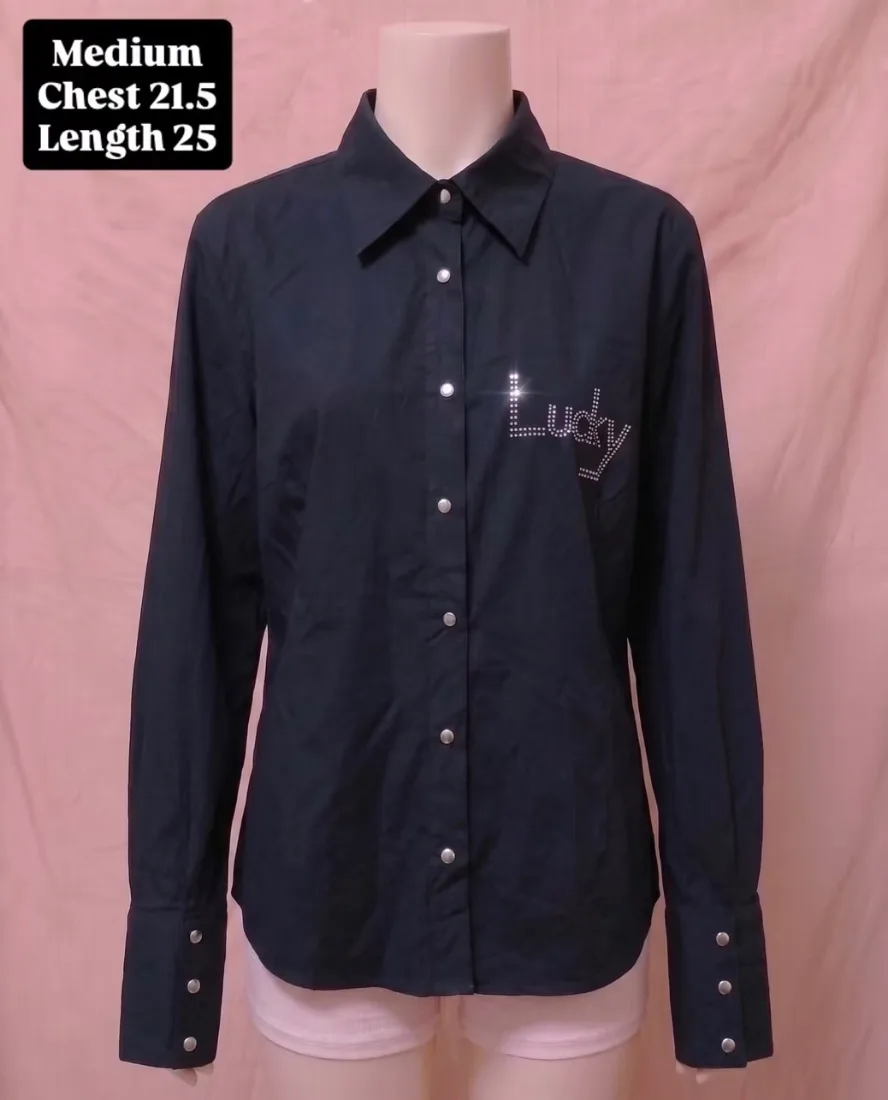 Black Rhinestone "Lucky" Graphic Long-Sleeve Shirt