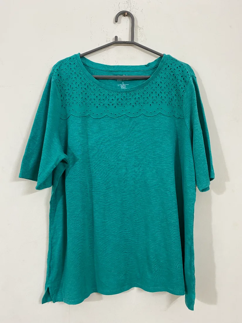 Teal Green Eyelet Yoke T-Shirt for Women  — photo 2 of 2