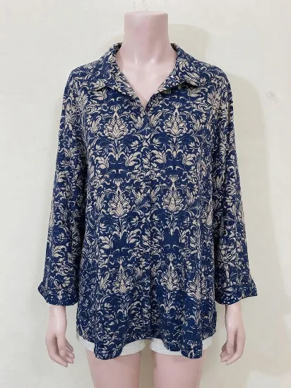 Stylish Navy Blue and Beige Damask Print Button-Down Shirt for Women   