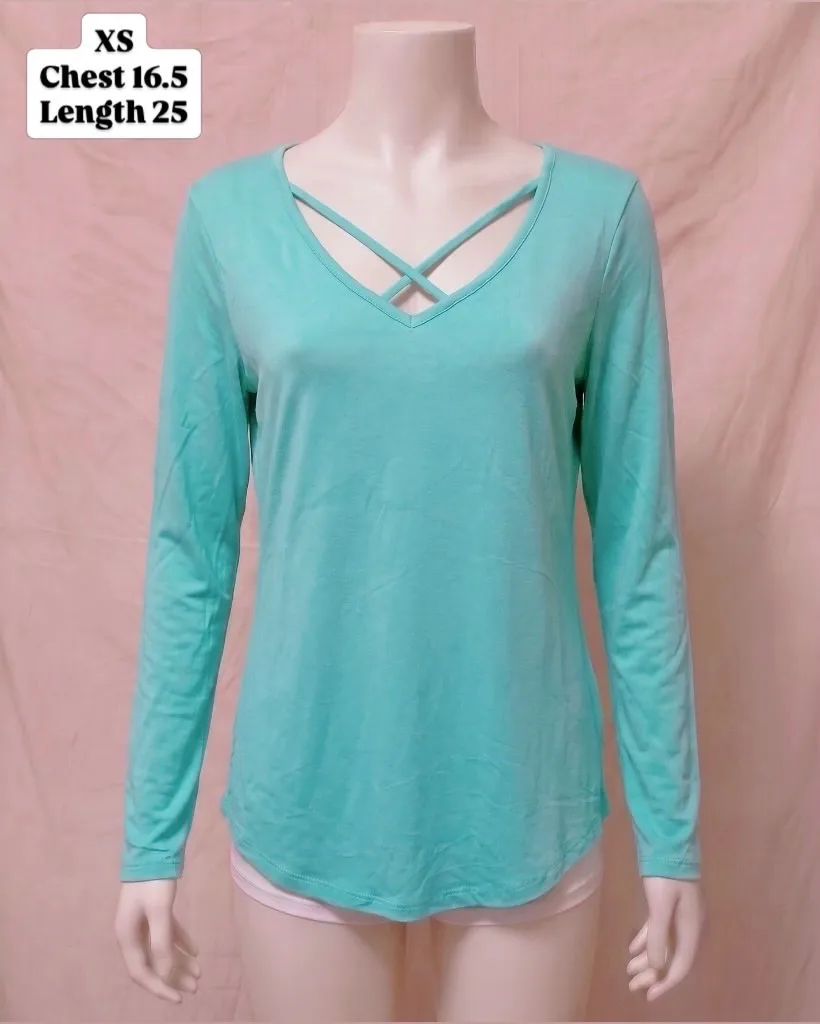 Aqua Blue Cage-Neck Long Sleeve Shirt