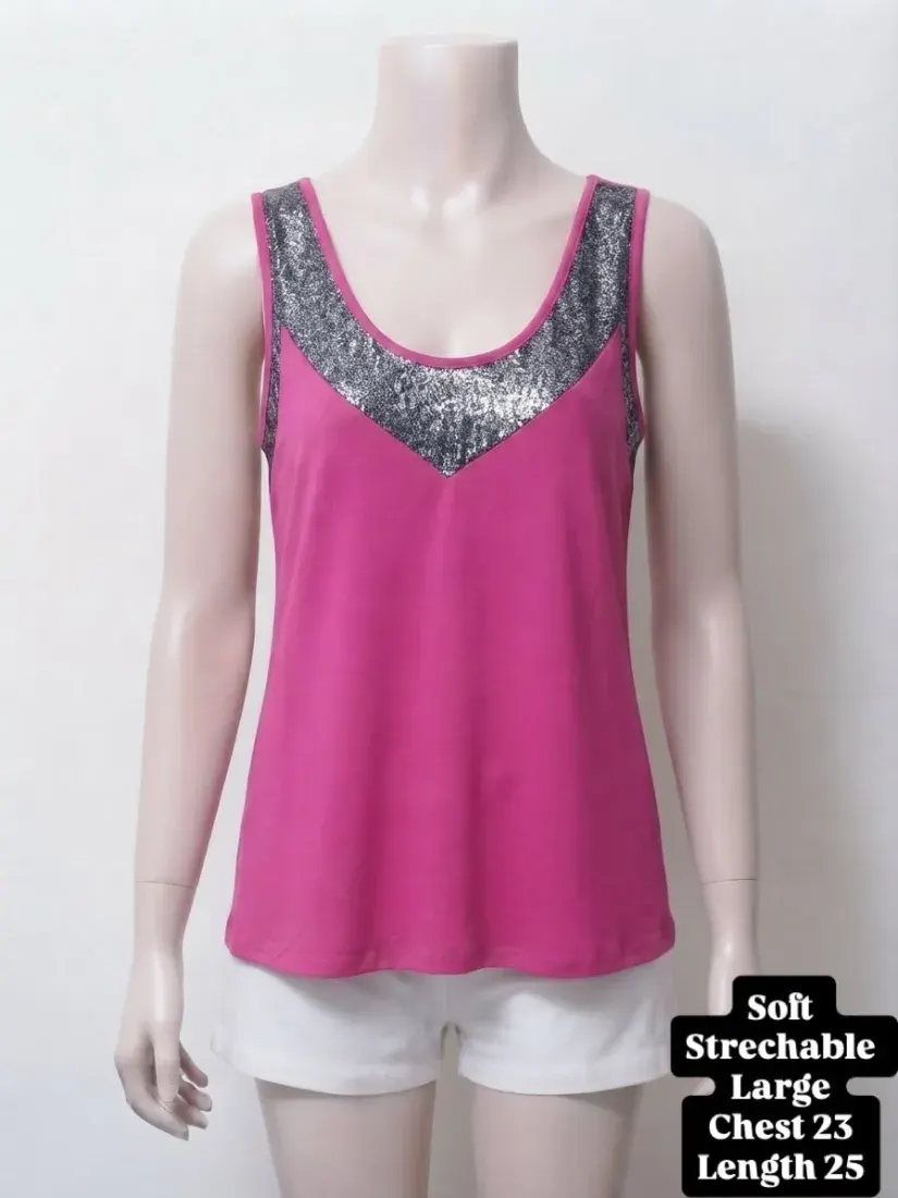 Bright Pink Metallic V-Yoke Stretchable Tank Top