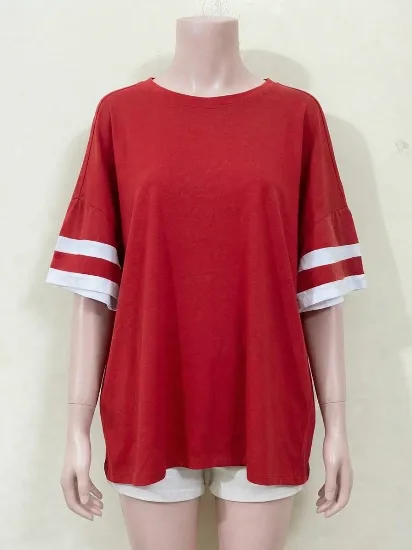 Stylish Red and White Striped-Sleeve Oversized T-Shirt for Women   